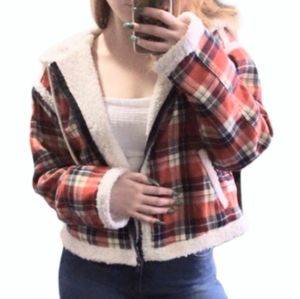 Stylish Red and Cream Plaid Teddy Jacket